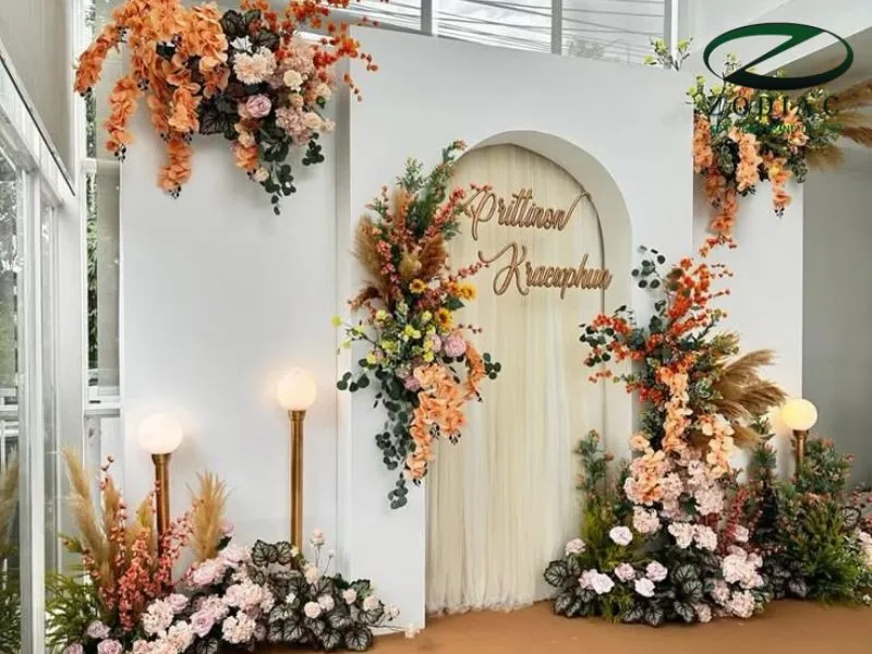 backdrop đám cưới tone cam