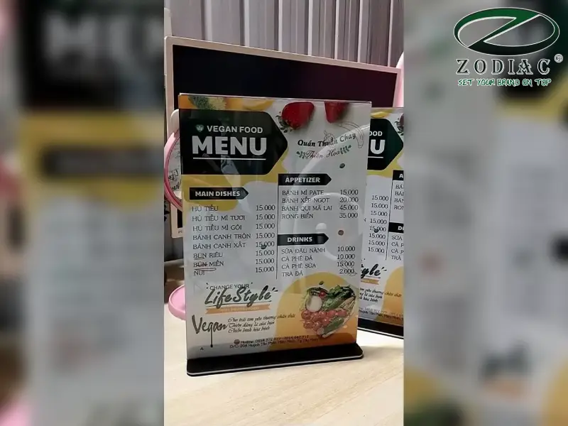 Standee menu mica chữ T ngược tại ZODIAC
